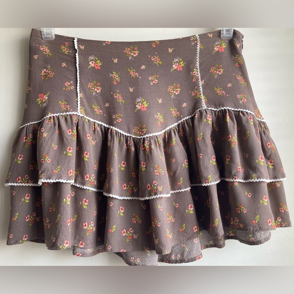 Forever 21 Floral Print Tiered Mini Skirt - Tan - Womens Large